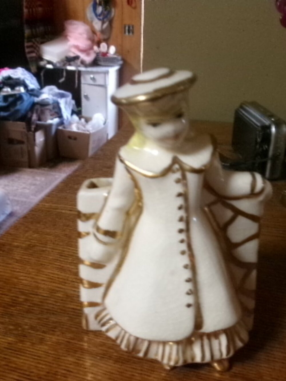 Vtg Japan glazed planter lady in hat white gold Hollywood glam style